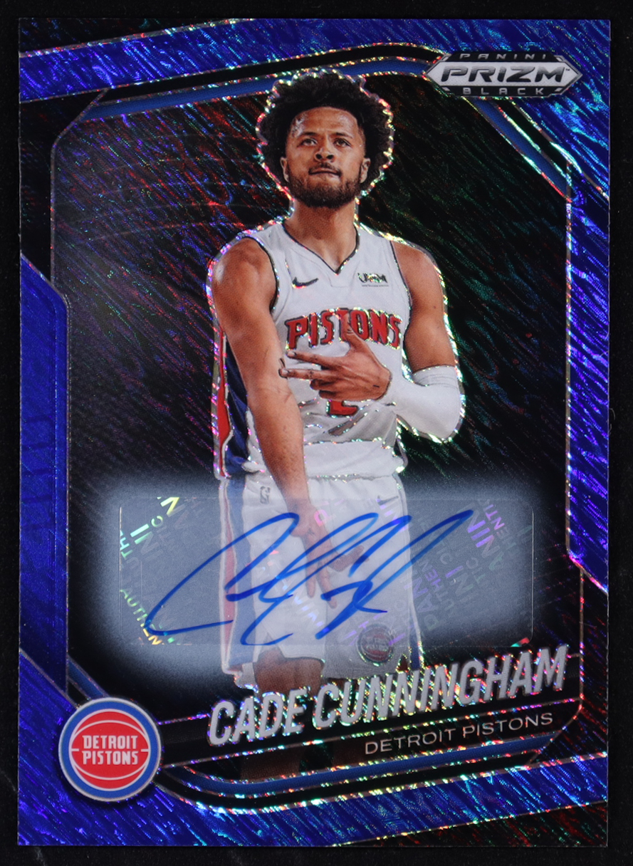 Cade Cunningham 2024-25 Panini Prizm Black Autographs Prizms Blue Shimmer FOTL #8 #14/25 at PristineAuction.com Cade Cunningham 2024-25 Panini Prizm Black Autographs Prizms Blue Shimmer FOTL #8 #14/25 at PristineAuction.com