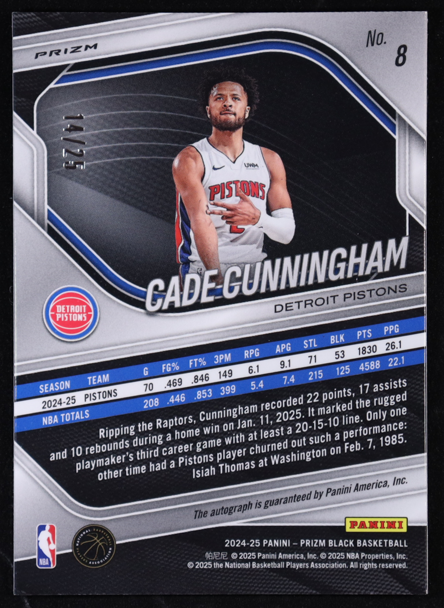 Cade Cunningham 2024-25 Panini Prizm Black Autographs Prizms Blue Shimmer FOTL #8 #14/25 at PristineAuction.com Cade Cunningham 2024-25 Panini Prizm Black Autographs Prizms Blue Shimmer FOTL #8 #14/25 at PristineAuction.com