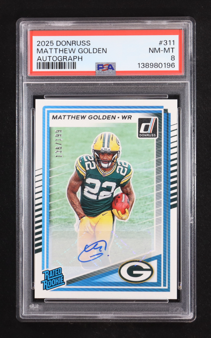 Matthew Golden 2025 Donruss Rated Rookies Autographs #311 RC #136/199 (PSA 8) at PristineAuction.com Matthew Golden 2025 Donruss Rated Rookies Autographs #311 RC #136/199 (PSA 8) at PristineAuction.com