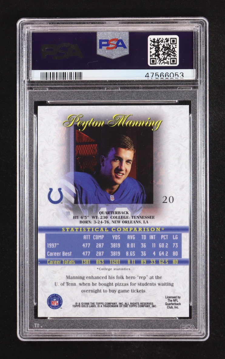 Peyton Manning 1998 Topps Gold Label Class 1 #20 RC (PSA 9) at PristineAuction.com Peyton Manning 1998 Topps Gold Label Class 1 #20 RC (PSA 9) at PristineAuction.com