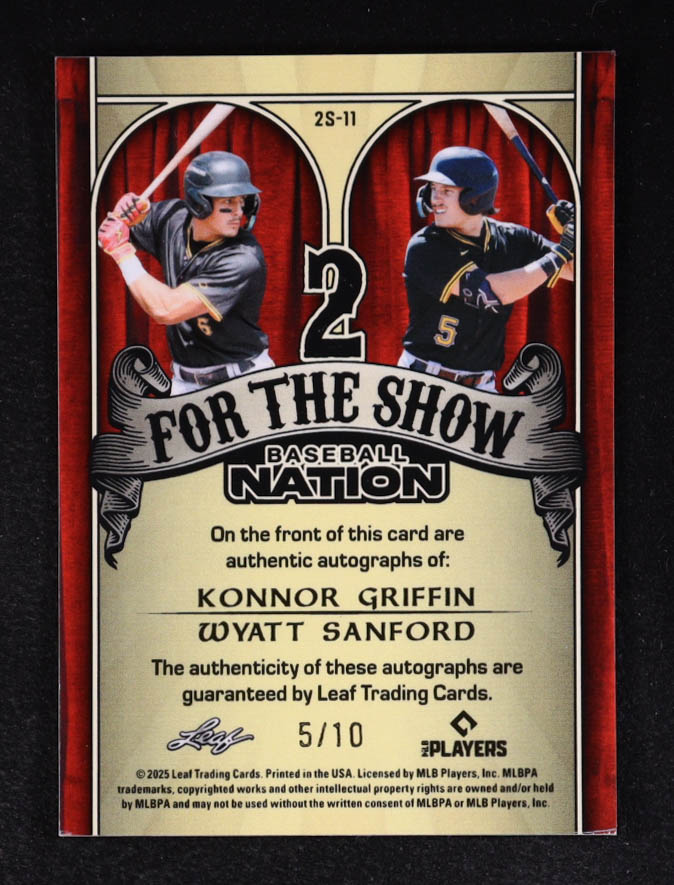 Konnor Griffin / Wyatt Sanford 2025 Leaf Baseball Nation 2 For The Show Autographs Prismatic Silver #2S11 #2/10 at PristineAuction.com Konnor Griffin / Wyatt Sanford 2025 Leaf Baseball Nation 2 For The Show Autographs Prismatic Silver #2S11 #2/10 at PristineAuction.com