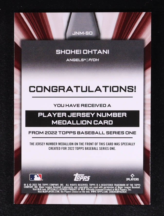 Shohei Ohtani 2022 Topps Commemorative Player Jersey Number Medallions #JNMSO at PristineAuction.com Shohei Ohtani 2022 Topps Commemorative Player Jersey Number Medallions #JNMSO at PristineAuction.com