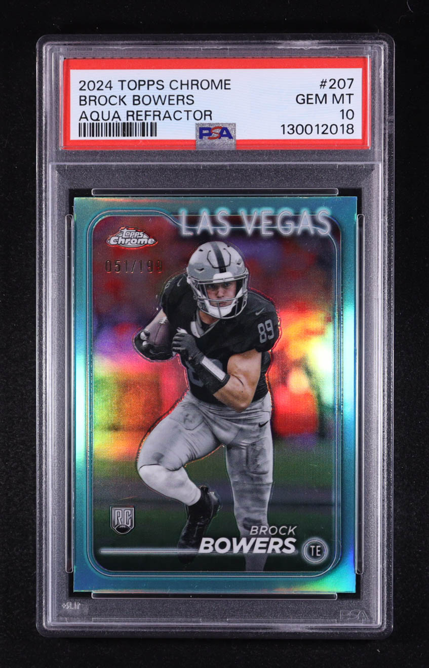 Brock Bowers 2024 Topps Chrome Aqua Refractors #207 RC #51/199 (PSA 10) at PristineAuction.com Brock Bowers 2024 Topps Chrome Aqua Refractors #207 RC #51/199 (PSA 10) at PristineAuction.com