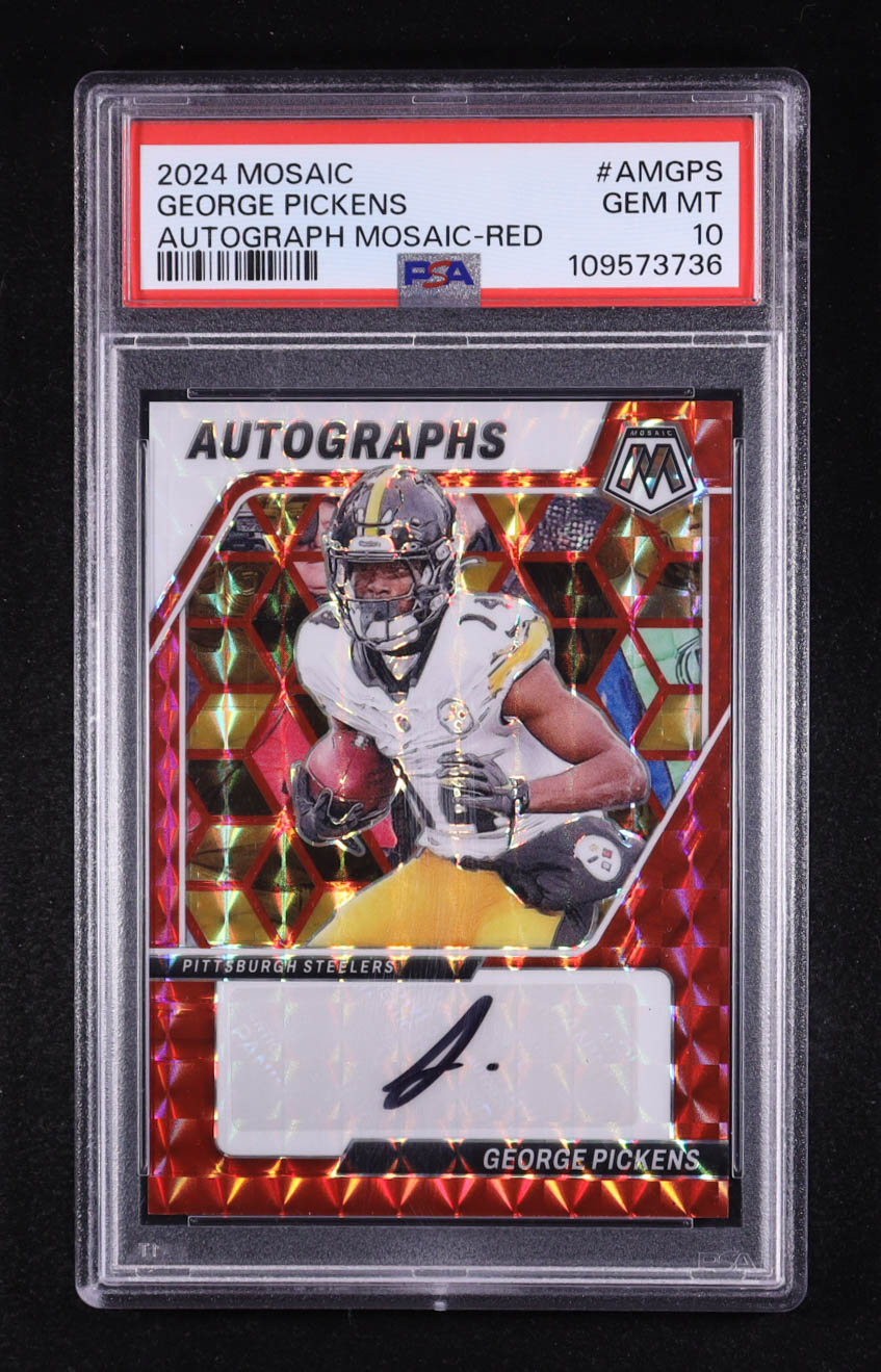 George Pickens 2024 Panini Mosaic Autographs Mosaic Red #2 #43/199 (PSA 10) at PristineAuction.com George Pickens 2024 Panini Mosaic Autographs Mosaic Red #2 #43/199 (PSA 10) at PristineAuction.com
