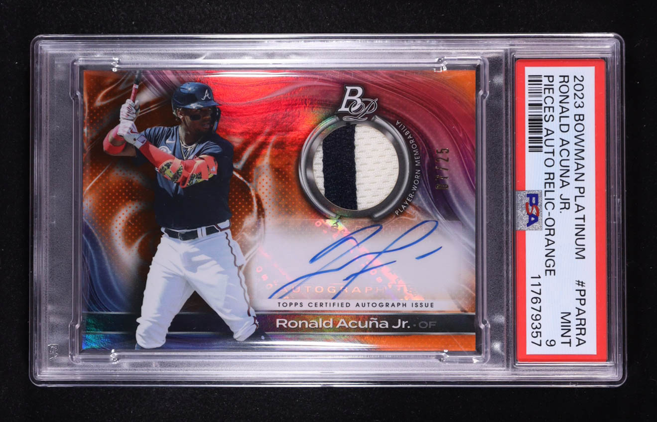 Ronald Acuna Jr. 2023 Bowman Platinum Platinum Pieces Autograph Relics Orange #PPARRA #7/25 (PSA 9) at PristineAuction.com Ronald Acuna Jr. 2023 Bowman Platinum Platinum Pieces Autograph Relics Orange #PPARRA #7/25 (PSA 9) at PristineAuction.com
