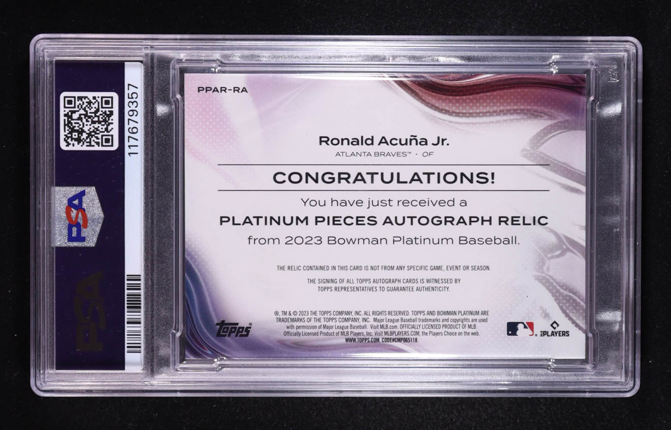 Ronald Acuna Jr. 2023 Bowman Platinum Platinum Pieces Autograph Relics Orange #PPARRA #7/25 (PSA 9) at PristineAuction.com Ronald Acuna Jr. 2023 Bowman Platinum Platinum Pieces Autograph Relics Orange #PPARRA #7/25 (PSA 9) at PristineAuction.com