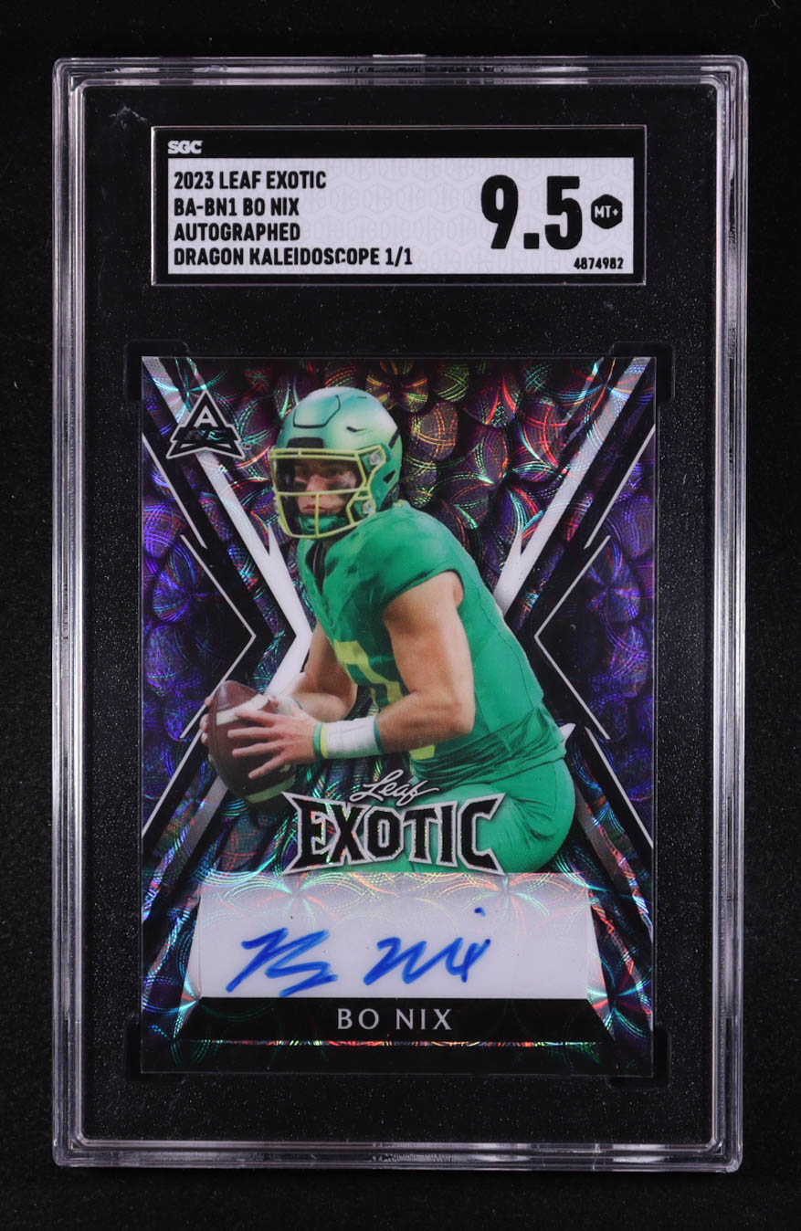 Bo Nix 2023 Leaf Exotic Kaleidoscope Dragon #BABN1 RC #1/1 (SGC 9.5) at PristineAuction.com Bo Nix 2023 Leaf Exotic Kaleidoscope Dragon #BABN1 RC #1/1 (SGC 9.5) at PristineAuction.com