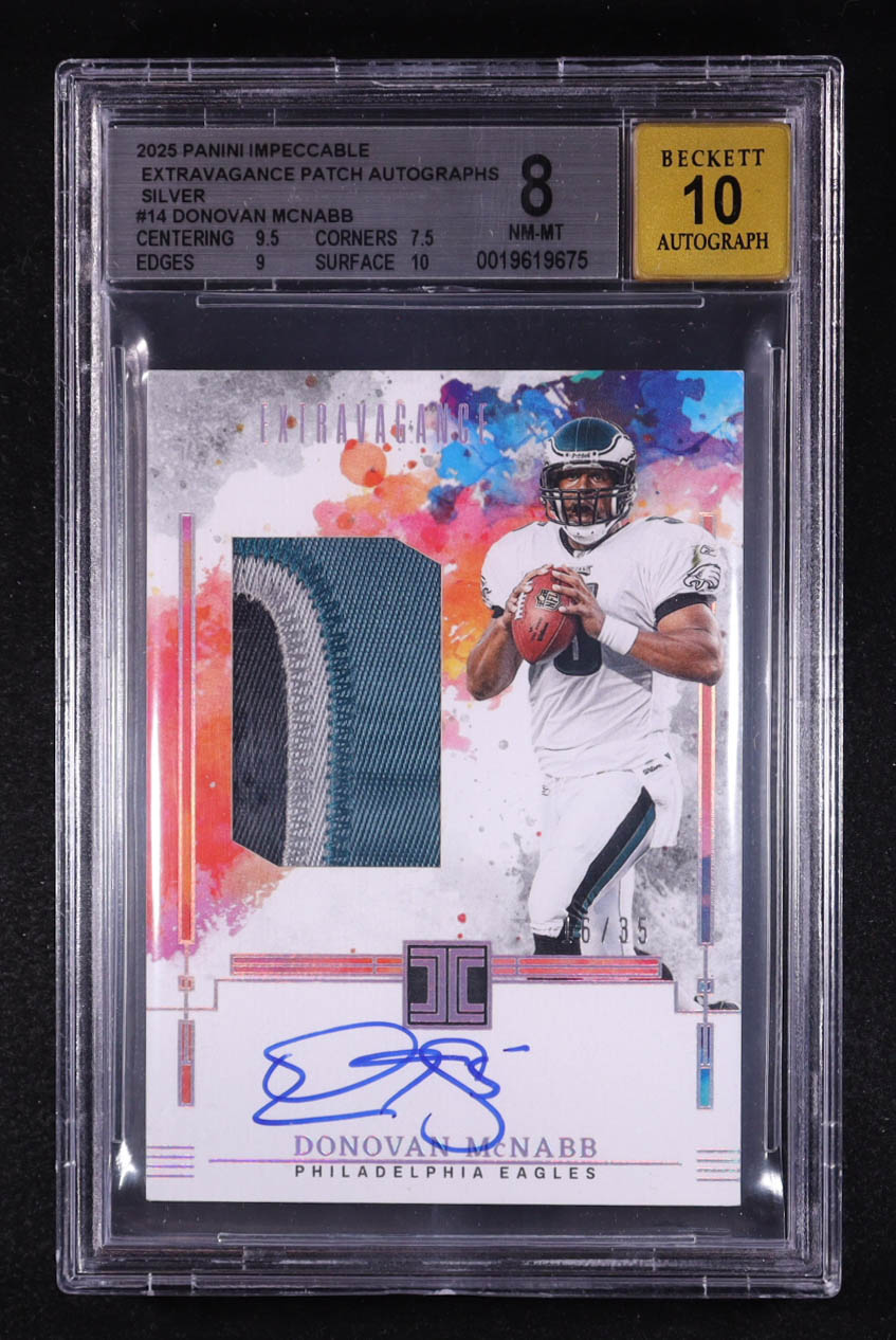 Donovan McNabb 2025 Panini Impeccable Extravagance Patch Autographs Silver #14 #16/35 (BGS 8 | Autograph Graded BGS 10) at PristineAuction.com Donovan McNabb 2025 Panini Impeccable Extravagance Patch Autographs Silver #14 #16/35 (BGS 8 | Autograph Graded BGS 10) at PristineAuction.com