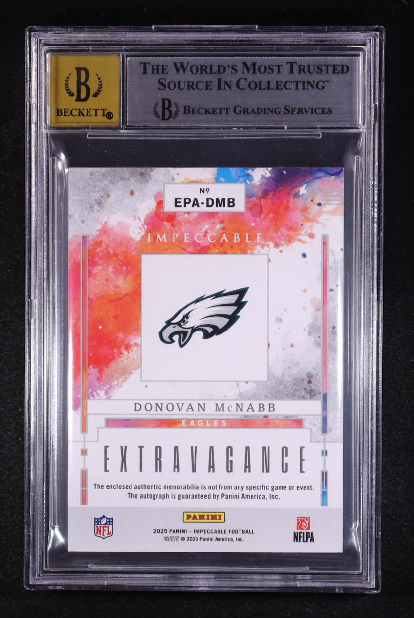 Donovan McNabb 2025 Panini Impeccable Extravagance Patch Autographs Silver #14 #16/35 (BGS 8 | Autograph Graded BGS 10) at PristineAuction.com Donovan McNabb 2025 Panini Impeccable Extravagance Patch Autographs Silver #14 #16/35 (BGS 8 | Autograph Graded BGS 10) at PristineAuction.com