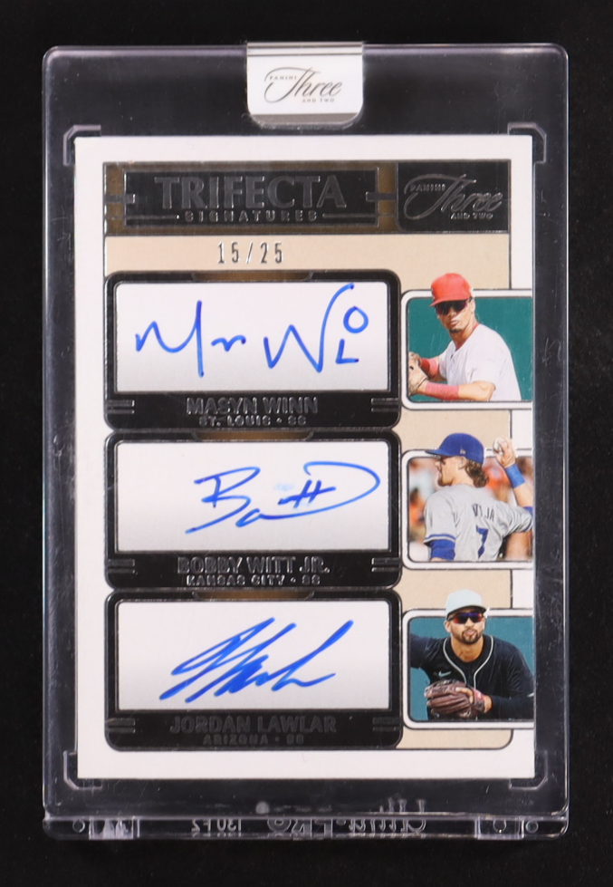 Masyn Winn / Bobby Witt Jr. / Jordan Lawlar 2025 Panini Three and Two Trifecta Signatures #10 #15/25 at PristineAuction.com Masyn Winn / Bobby Witt Jr. / Jordan Lawlar 2025 Panini Three and Two Trifecta Signatures #10 #15/25 at PristineAuction.com