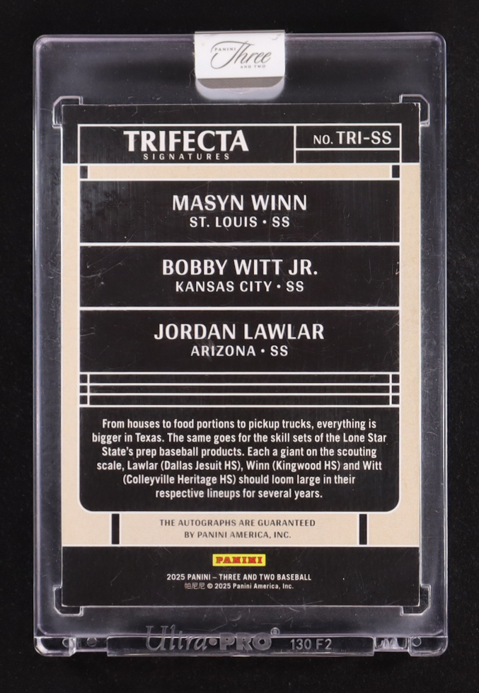 Masyn Winn / Bobby Witt Jr. / Jordan Lawlar 2025 Panini Three and Two Trifecta Signatures #10 #15/25 at PristineAuction.com Masyn Winn / Bobby Witt Jr. / Jordan Lawlar 2025 Panini Three and Two Trifecta Signatures #10 #15/25 at PristineAuction.com