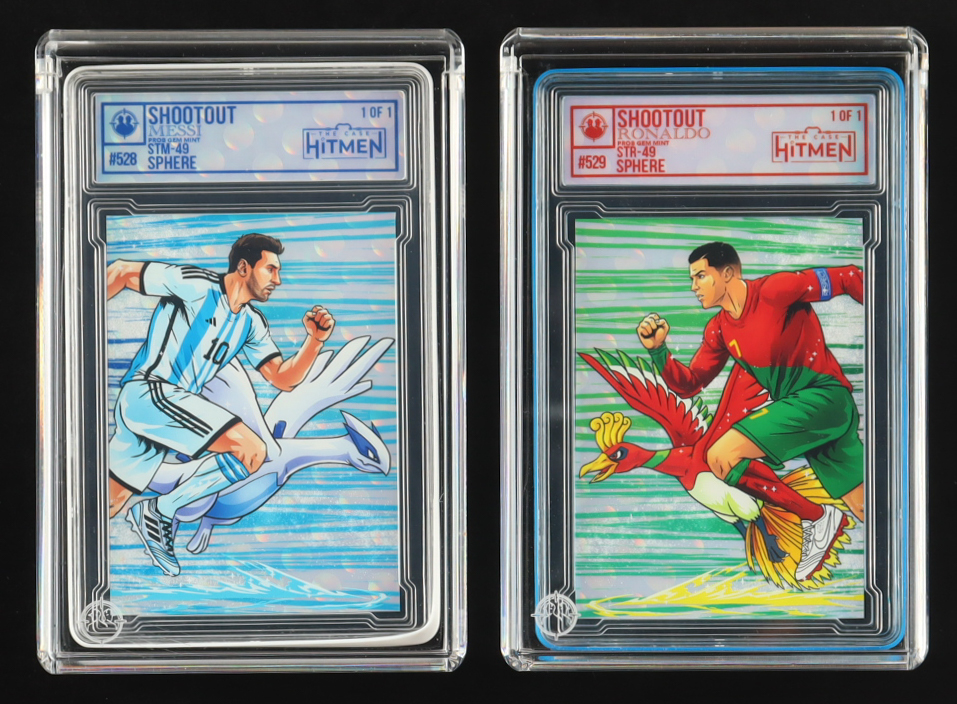 Lionel Messi & Cristiano Ronaldo - Shootout - Sphere - 2026 The Case Hitmen 1/1 Custom Art Card with Display Case at PristineAuction.com Lionel Messi & Cristiano Ronaldo - Shootout - Sphere - 2026 The Case Hitmen 1/1 Custom Art Card with Display Case at PristineAuction.com
