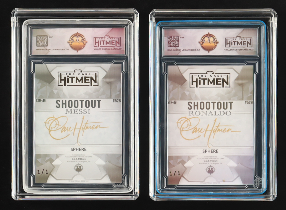 Lionel Messi & Cristiano Ronaldo - Shootout - Sphere - 2026 The Case Hitmen 1/1 Custom Art Card with Display Case at PristineAuction.com Lionel Messi & Cristiano Ronaldo - Shootout - Sphere - 2026 The Case Hitmen 1/1 Custom Art Card with Display Case at PristineAuction.com