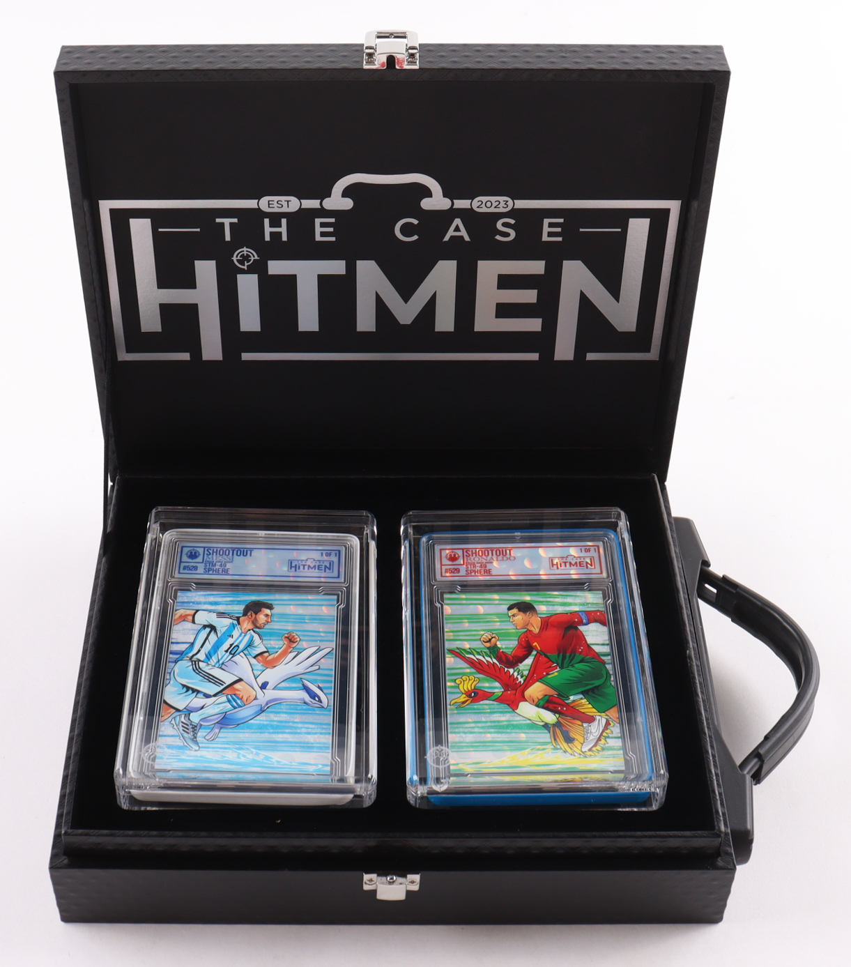 Lionel Messi & Cristiano Ronaldo - Shootout - Sphere - 2026 The Case Hitmen 1/1 Custom Art Card with Display Case at PristineAuction.com Lionel Messi & Cristiano Ronaldo - Shootout - Sphere - 2026 The Case Hitmen 1/1 Custom Art Card with Display Case at PristineAuction.com