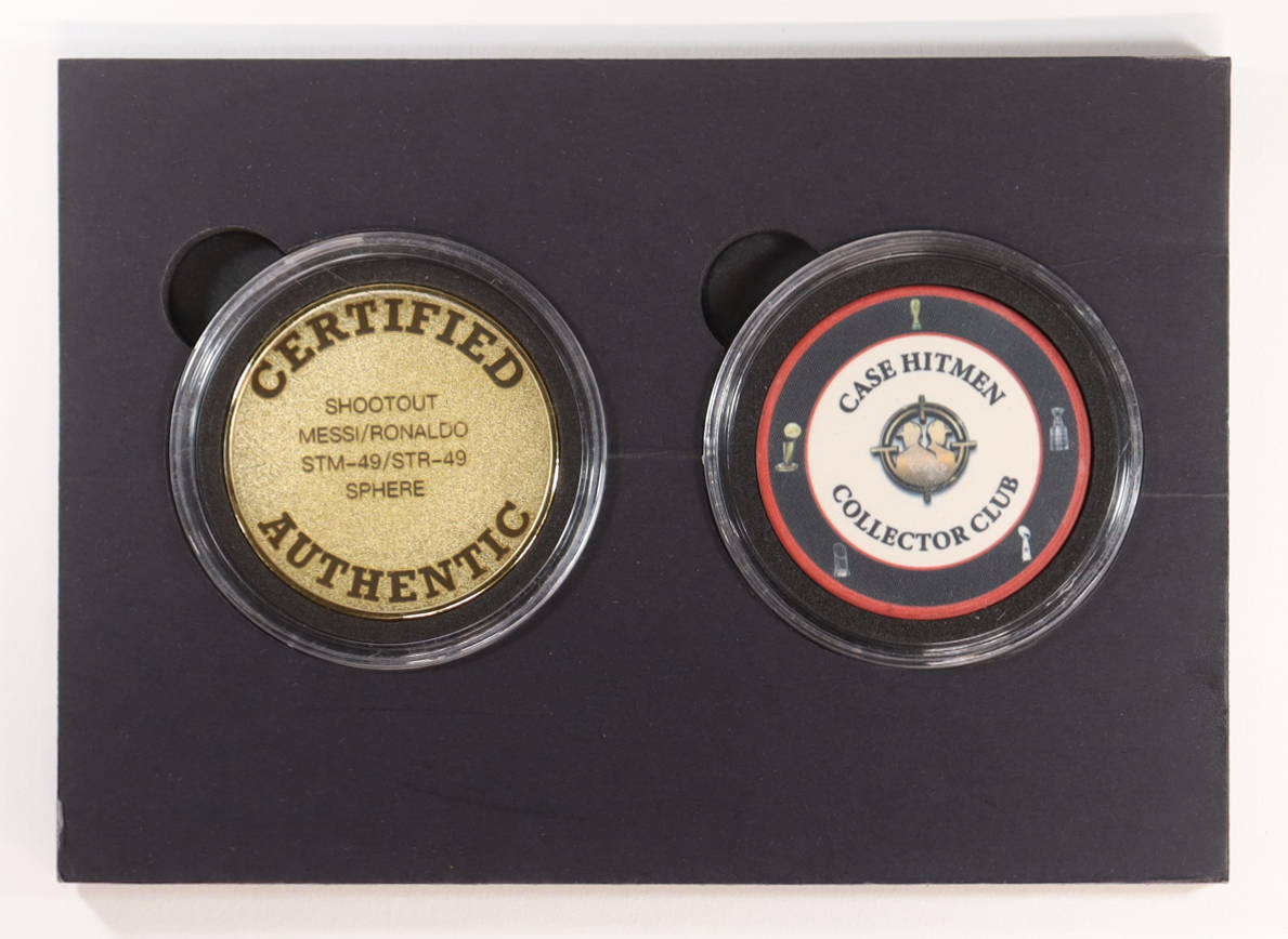 Lionel Messi & Cristiano Ronaldo - Shootout - Sphere - 2026 The Case Hitmen 1/1 Custom Art Card with Display Case at PristineAuction.com Lionel Messi & Cristiano Ronaldo - Shootout - Sphere - 2026 The Case Hitmen 1/1 Custom Art Card with Display Case at PristineAuction.com