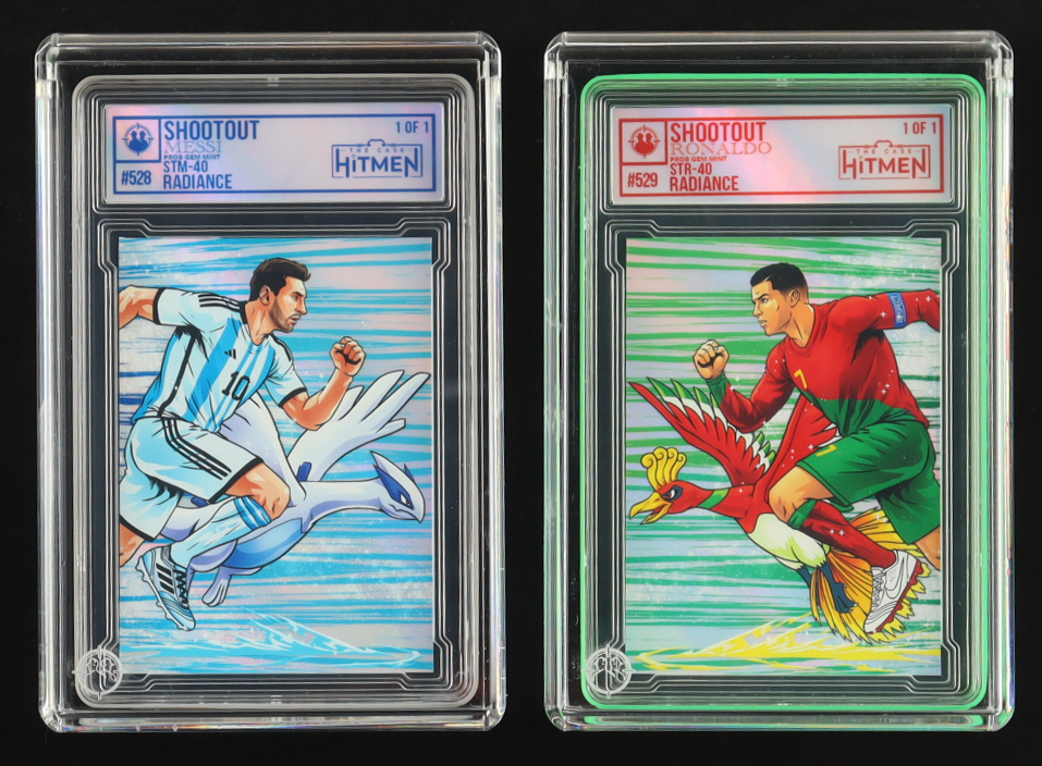 Lionel Messi & Cristiano Ronaldo - Shootout - Radiance - 2026 The Case Hitmen 1/1 Custom Art Card with Display Case at PristineAuction.com Lionel Messi & Cristiano Ronaldo - Shootout - Radiance - 2026 The Case Hitmen 1/1 Custom Art Card with Display Case at PristineAuction.com