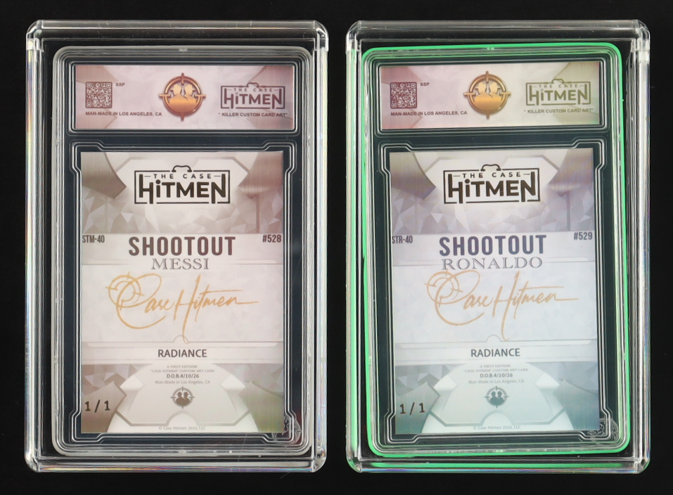 Lionel Messi & Cristiano Ronaldo - Shootout - Radiance - 2026 The Case Hitmen 1/1 Custom Art Card with Display Case at PristineAuction.com Lionel Messi & Cristiano Ronaldo - Shootout - Radiance - 2026 The Case Hitmen 1/1 Custom Art Card with Display Case at PristineAuction.com