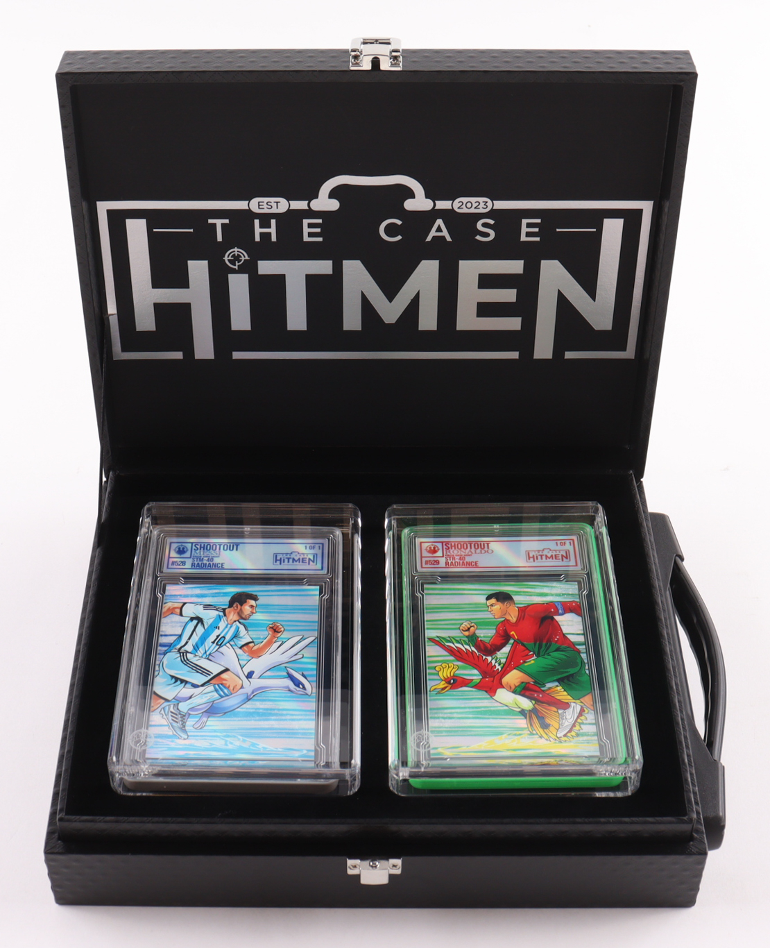 Lionel Messi & Cristiano Ronaldo - Shootout - Radiance - 2026 The Case Hitmen 1/1 Custom Art Card with Display Case at PristineAuction.com Lionel Messi & Cristiano Ronaldo - Shootout - Radiance - 2026 The Case Hitmen 1/1 Custom Art Card with Display Case at PristineAuction.com