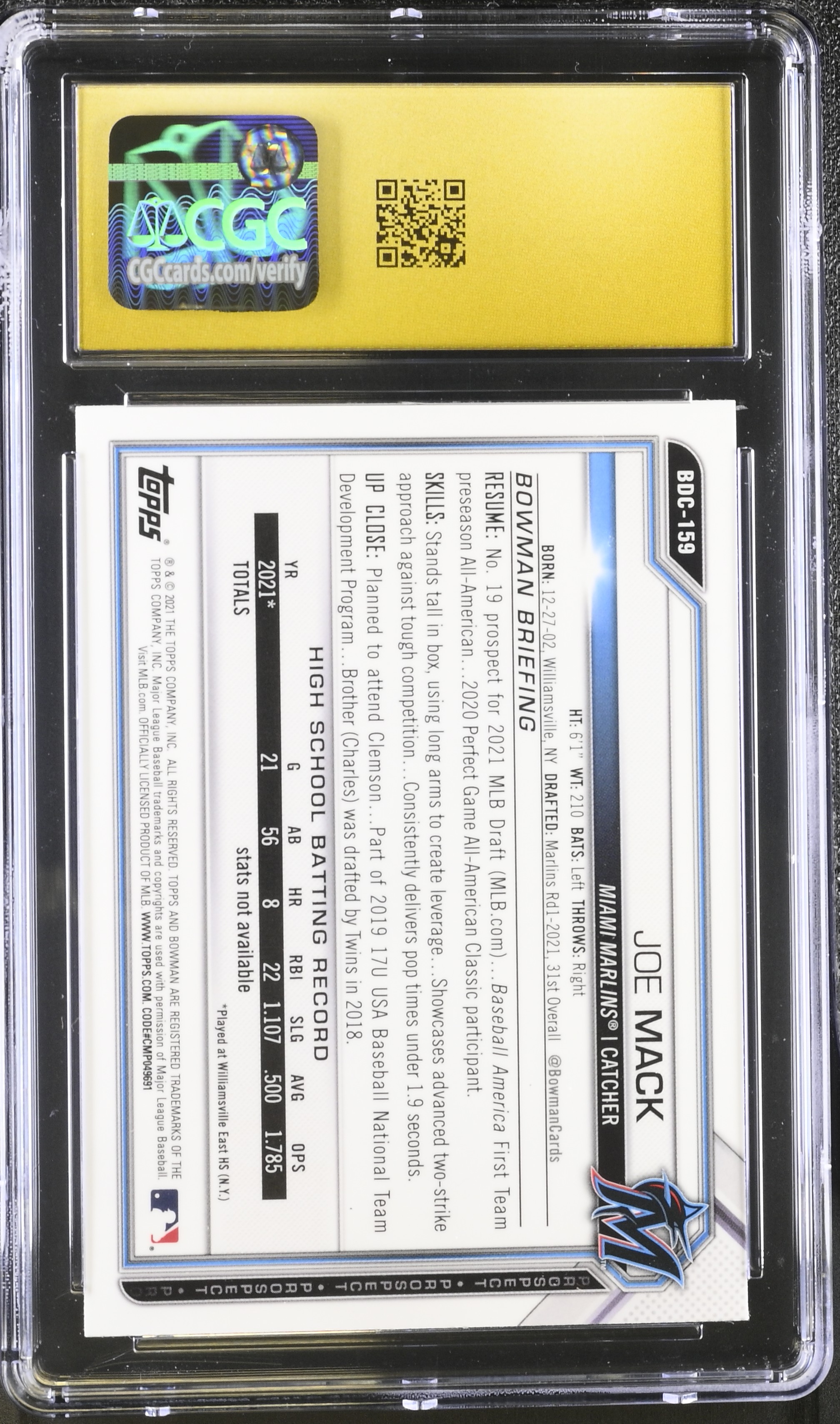 Joe Mack 2021 Bowman Draft Sapphire #159 (CGC 10 | Pristine Black Label ...
