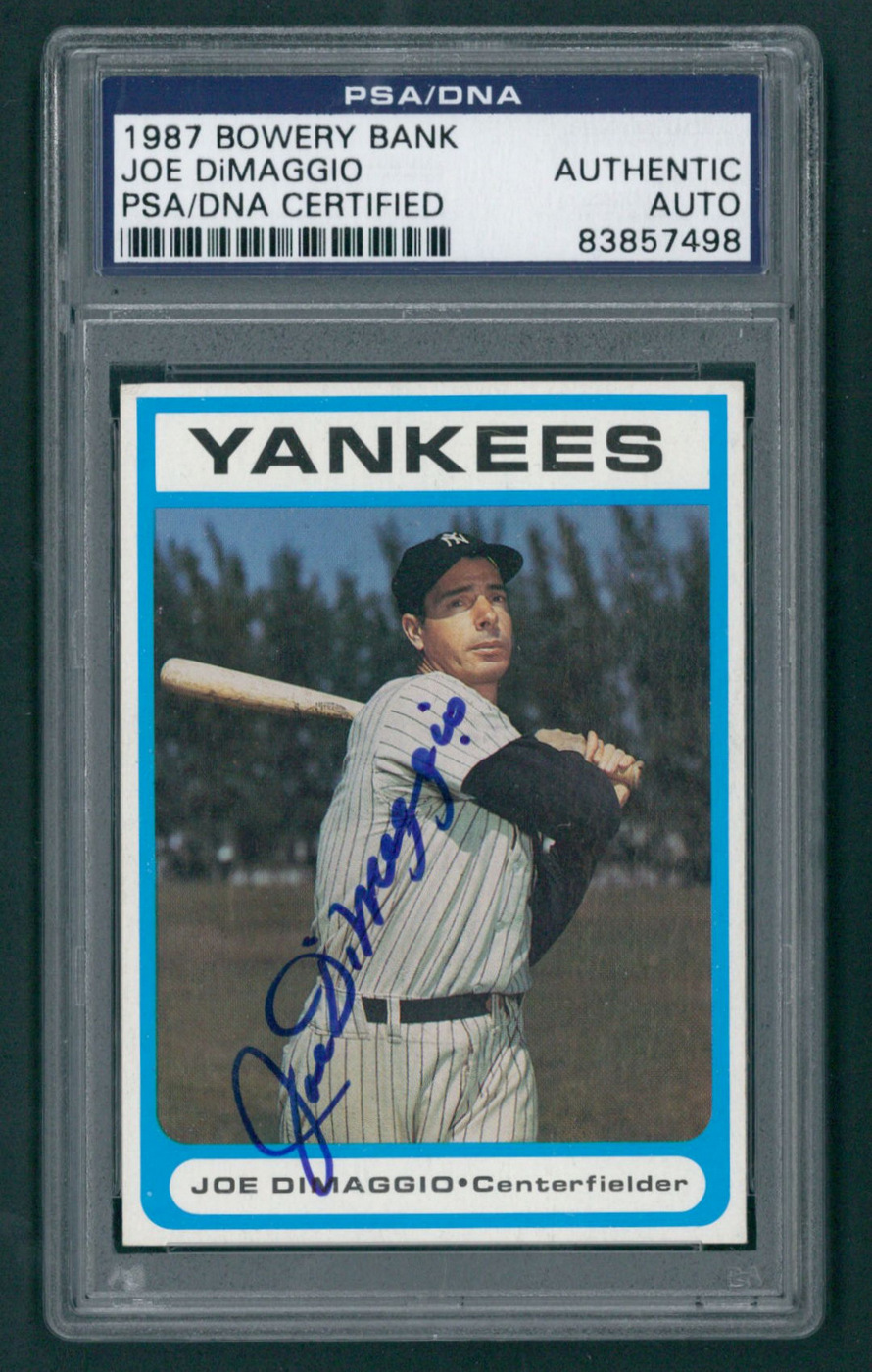 Joe DiMaggio Signed 1987 Bowery Bank Baseball Card (PSA Encapsulated) at PristineAuction.com Joe DiMaggio Signed 1987 Bowery Bank Baseball Card (PSA Encapsulated) at PristineAuction.com