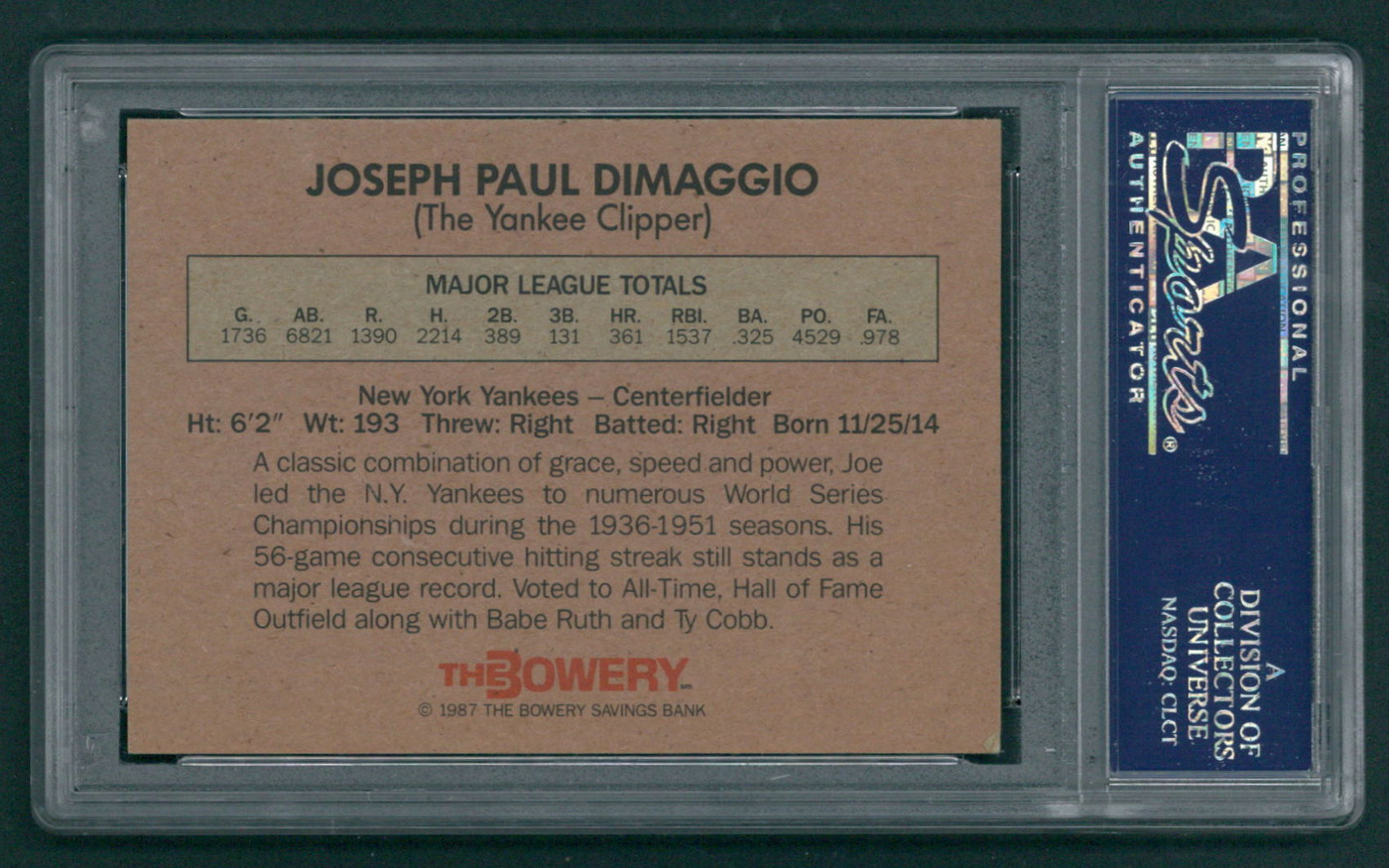 Joe DiMaggio Signed 1987 Bowery Bank Baseball Card (PSA Encapsulated) at PristineAuction.com Joe DiMaggio Signed 1987 Bowery Bank Baseball Card (PSA Encapsulated) at PristineAuction.com