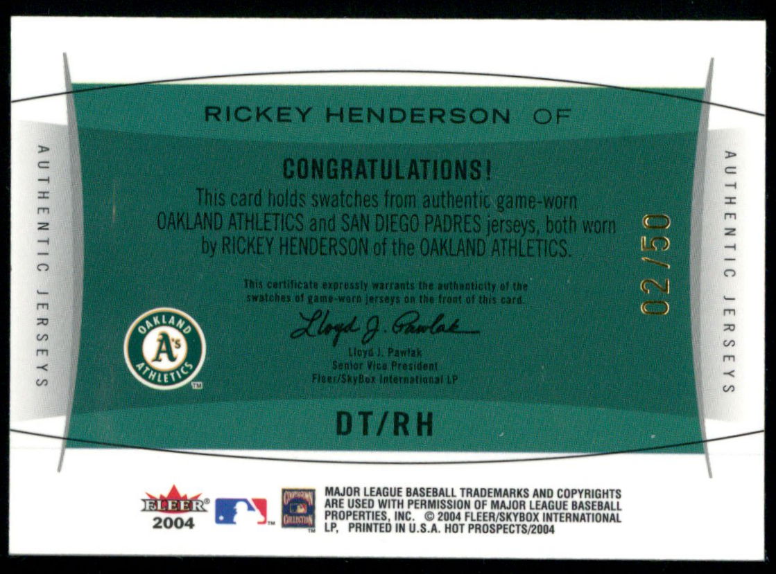 Rickey Henderson 2004 Hot Prospects Draft Double Team Patch #RH A's-Padres at PristineAuction.com Rickey Henderson 2004 Hot Prospects Draft Double Team Patch #RH A's-Padres at PristineAuction.com
