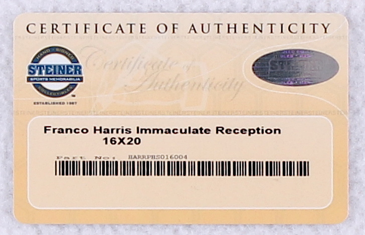 Franco Harris Signed "Immaculate Reception" Steelers 16x20 Photo (Steiner COA) at PristineAuction.com Franco Harris Signed "Immaculate Reception" Steelers 16x20 Photo (Steiner COA) at PristineAuction.com