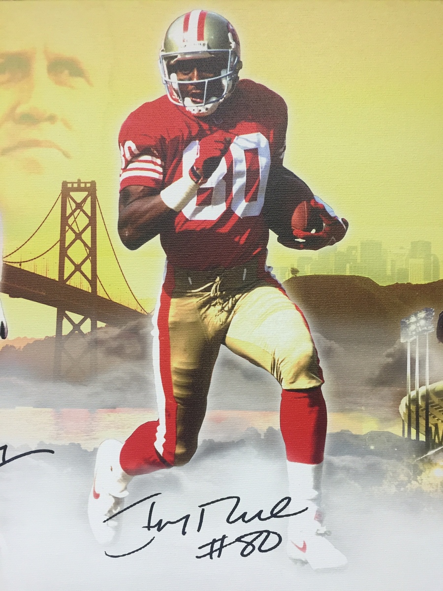 49ers Legends 14x48 "Dynasty" Canvas Signed by (6) with Joe Montana, Jerry Rice, Roger Craig, Ronnie Lott, John Taylor & Dwight Clark (Player Holograms & JSA COA) at PristineAuction.com 49ers Legends 14x48 "Dynasty" Canvas Signed by (6) with Joe Montana, Jerry Rice, Roger Craig, Ronnie Lott, John Taylor & Dwight Clark (Player Holograms & JSA COA) at PristineAuction.com