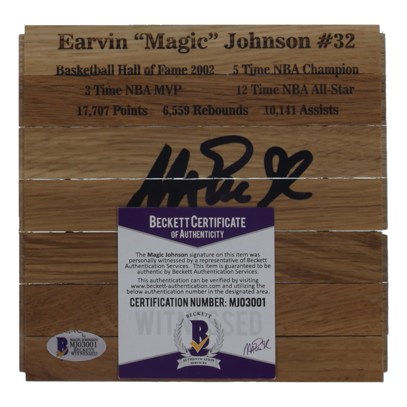 Magic Johnson Lettering Magic Johnson Signed 6x6 Custom Engraved Wood Floorboard Piece (Johnson ...