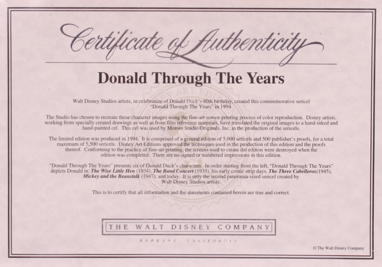 Donald Duck "Donald Through The Years" LE 16x28 Custom Framed Sericel (Walt Disney COA) at PristineAuction.com Donald Duck "Donald Through The Years" LE 16x28 Custom Framed Sericel (Walt Disney COA) at PristineAuction.com