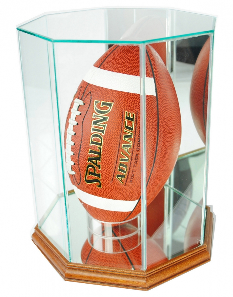 Premium Octagon Upright Football Display Case with Mirrored Back & Walnut Wood Base (New) at PristineAuction.com Premium Octagon Upright Football Display Case with Mirrored Back & Walnut Wood Base (New) at PristineAuction.com
