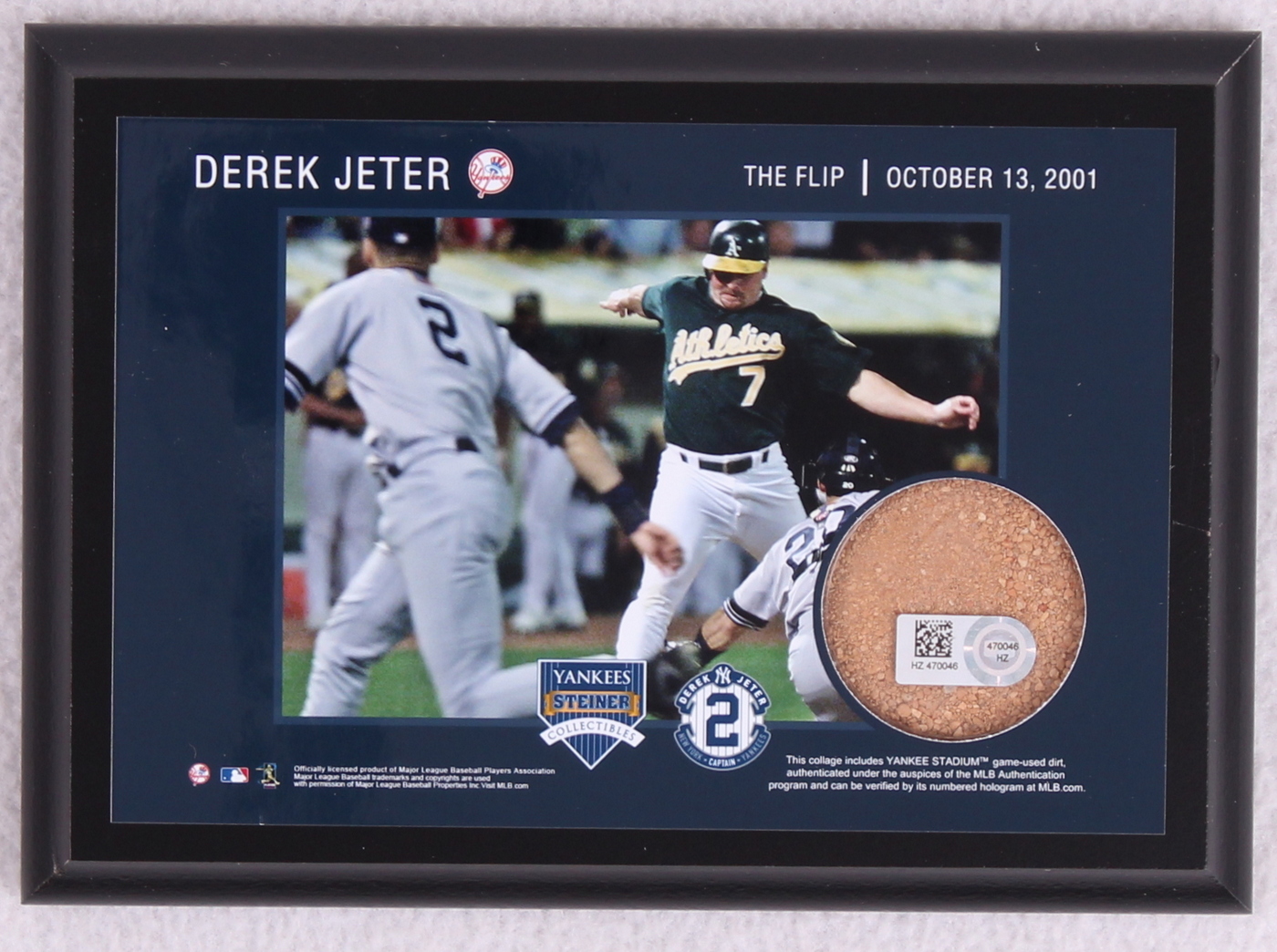 Derek Jeter "The Flip" 5x7 Photo Plaque with Authentic Yankee Stadium Dirt (MLB & Steiner COA) at PristineAuction.com Derek Jeter "The Flip" 5x7 Photo Plaque with Authentic Yankee Stadium Dirt (MLB & Steiner COA) at PristineAuction.com