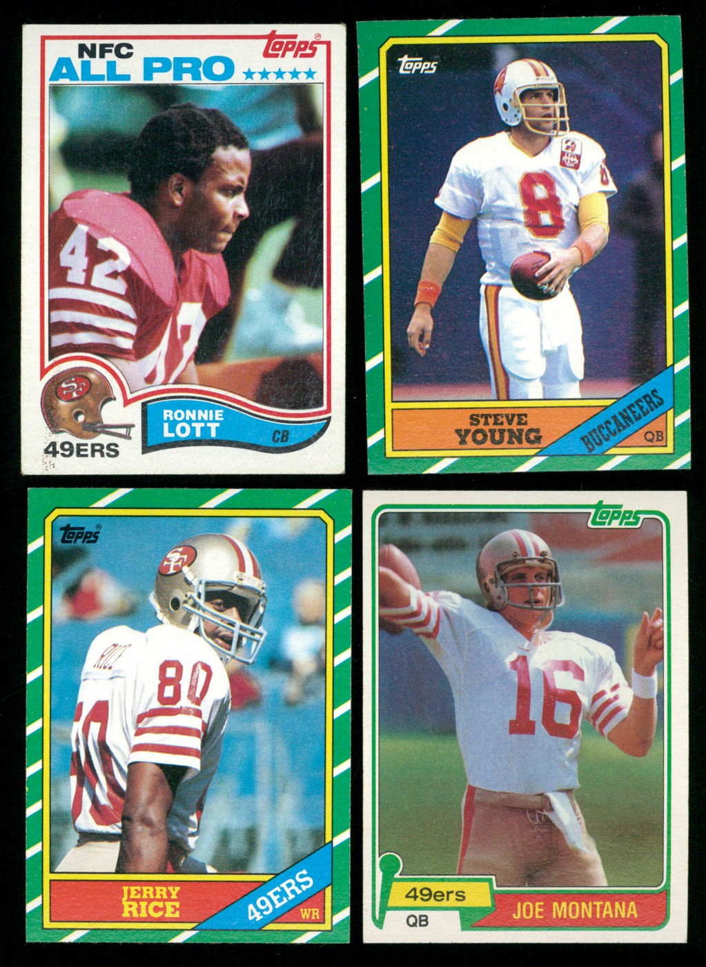 Lot of (4) Rookie Football Cards with #216 Joe Montana RC, #161 Jerry Rice RC, #374 Steve Young RC & #486 Ronnie Lott RC at PristineAuction.com Lot of (4) Rookie Football Cards with #216 Joe Montana RC, #161 Jerry Rice RC, #374 Steve Young RC & #486 Ronnie Lott RC at PristineAuction.com