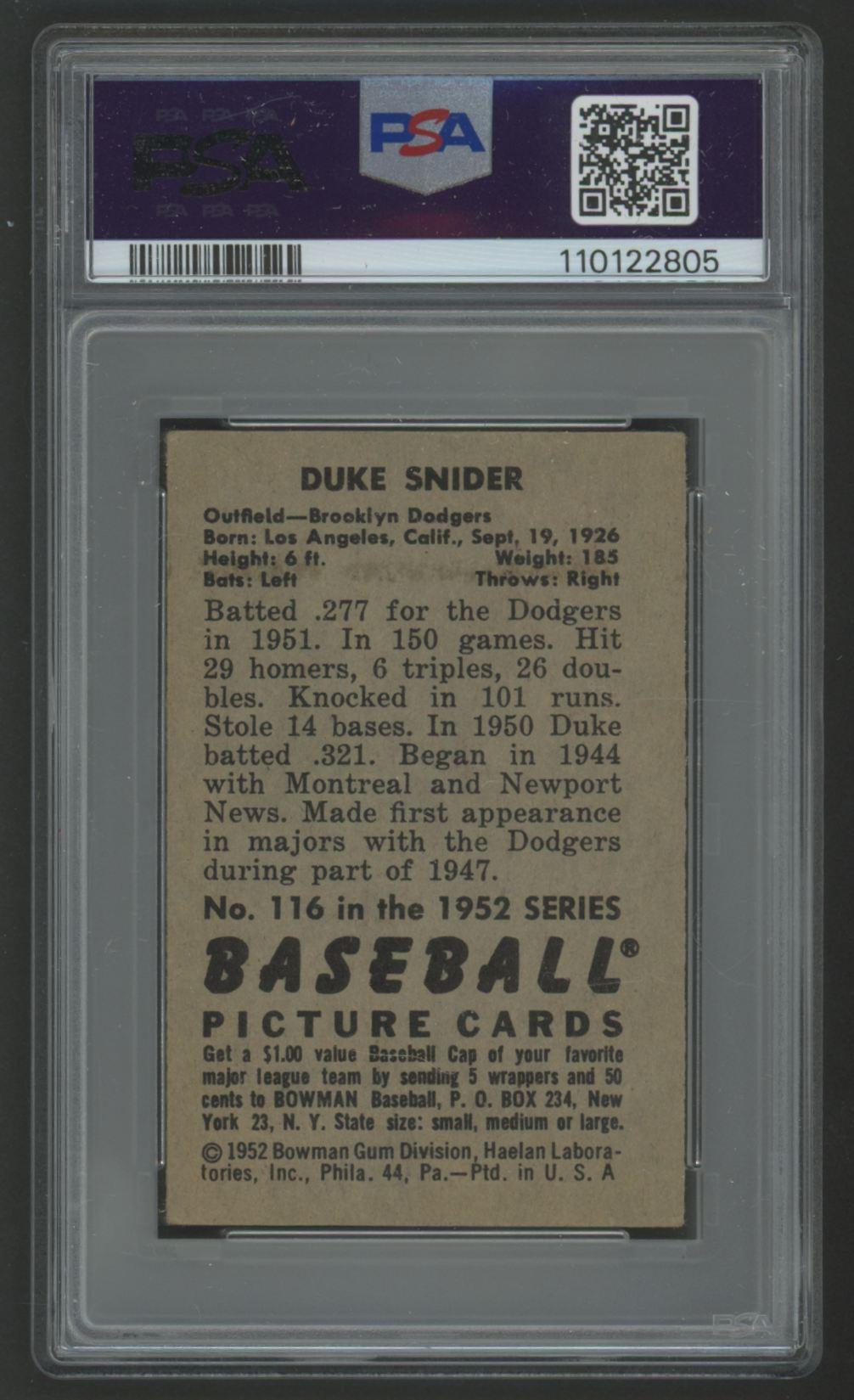 Snider Racing Duke Snider 1952 Bowman #116 (PSA 3) | Pristine Auction