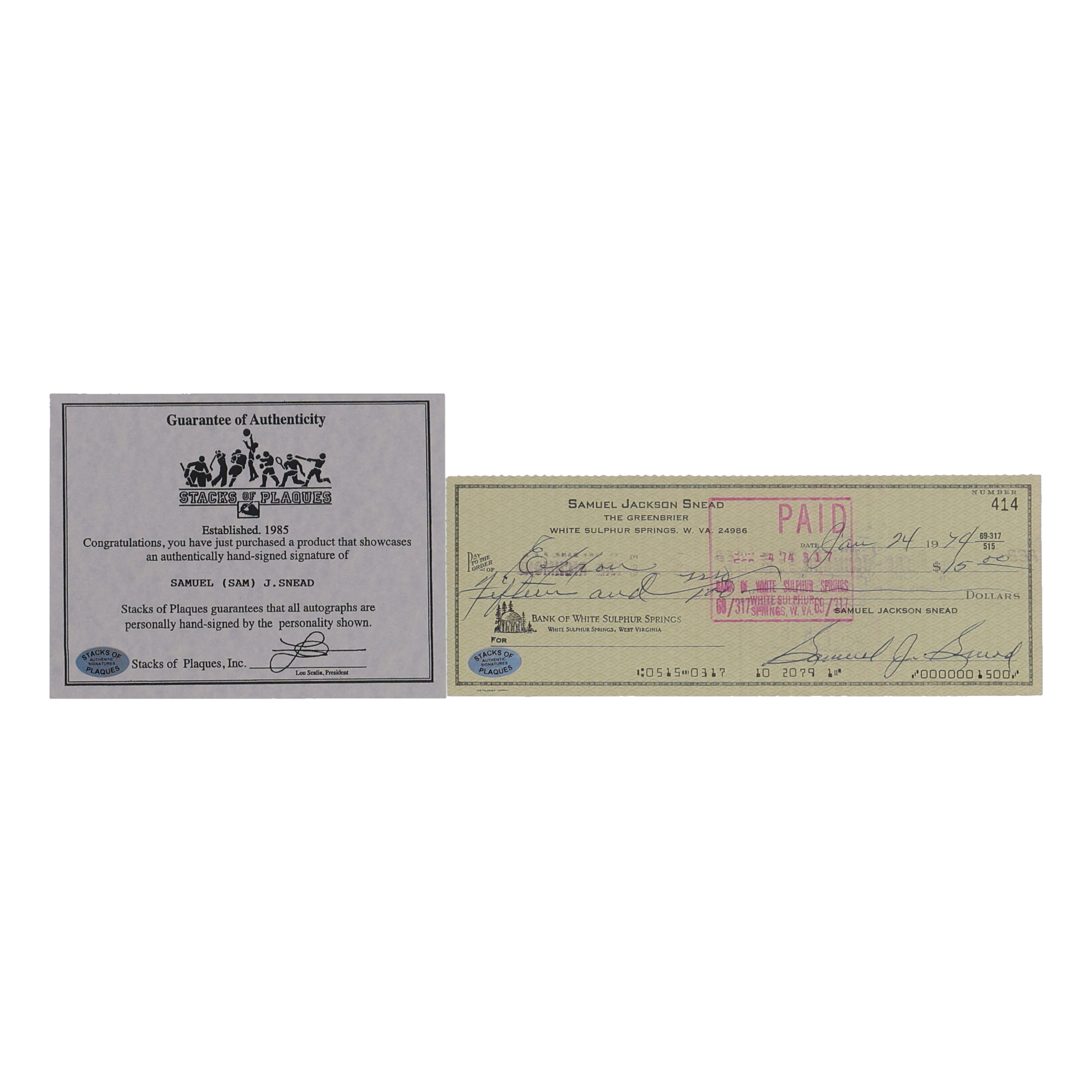 Sam Snead Signed 1974 Personal Check (SoP) | Pristine Auction