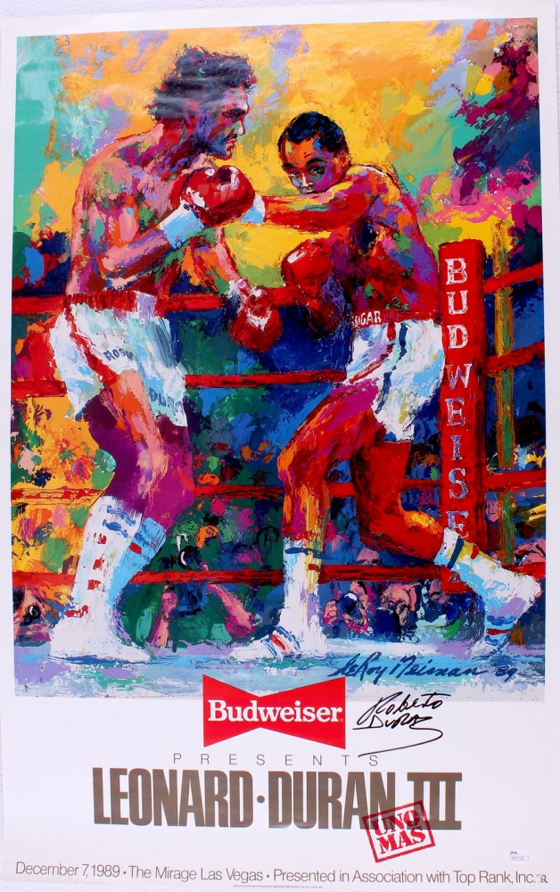 Roberto Duran Signed LeRoy Neiman 19x30 Vintage 1989 "Leonard vs. Duran