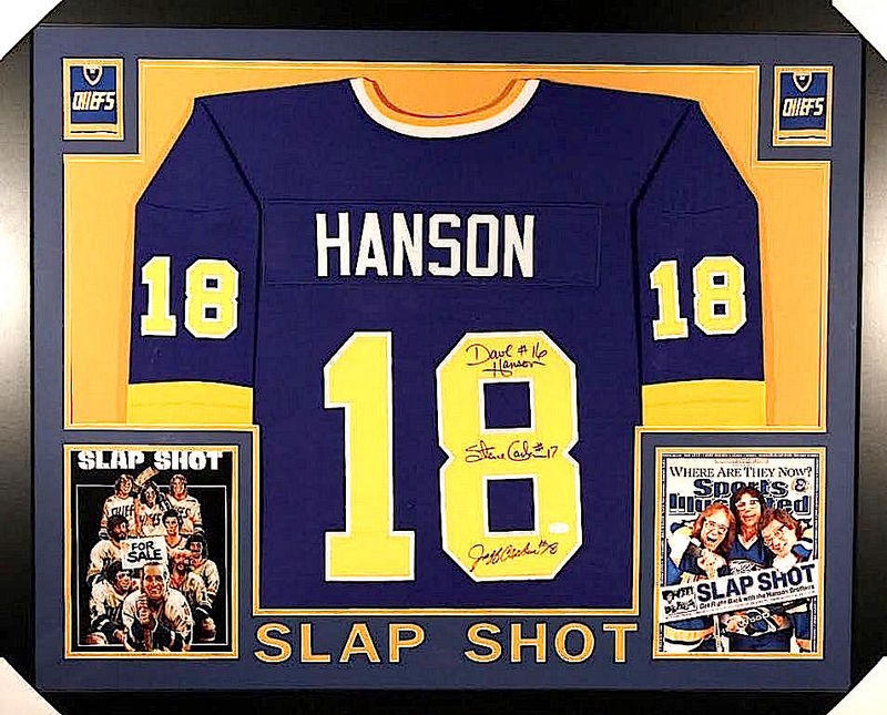 Hanson Brothers Signed "Slap Shot" Chiefs 35x43 Custom Framed Jersey Signed by (3) with Dave Hanson, Steve Carlson & Jeff Carlson (JSA COA) at PristineAuction.com Hanson Brothers Signed "Slap Shot" Chiefs 35x43 Custom Framed Jersey Signed by (3) with Dave Hanson, Steve Carlson & Jeff Carlson (JSA COA) at PristineAuction.com