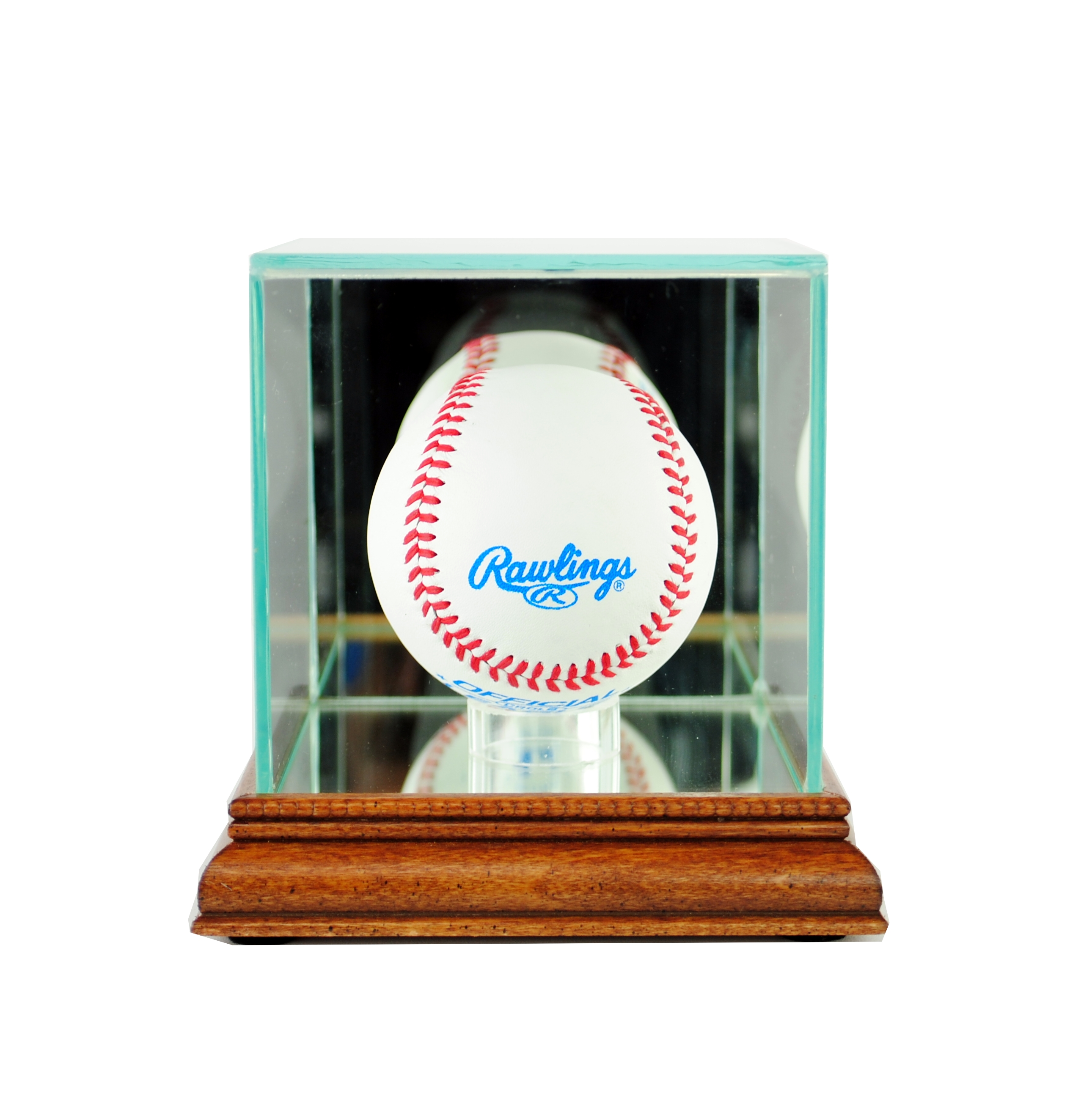 Premium Single Baseball Glass Display Case with Mirrored Walnut Wood Base & Mirrored Back (New) at PristineAuction.com Premium Single Baseball Glass Display Case with Mirrored Walnut Wood Base & Mirrored Back (New) at PristineAuction.com