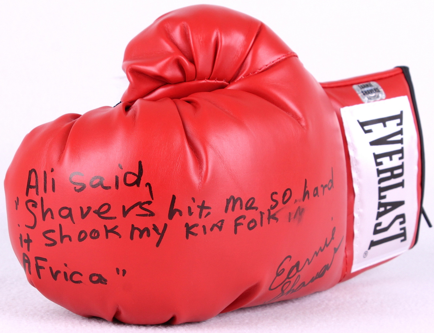 Earnie Shavers Signed Everlast Boxing Glove with Extensive Inscription Referencing Muhammad Ali (Shavers Hologram) at PristineAuction.com Earnie Shavers Signed Everlast Boxing Glove with Extensive Inscription Referencing Muhammad Ali (Shavers Hologram) at PristineAuction.com