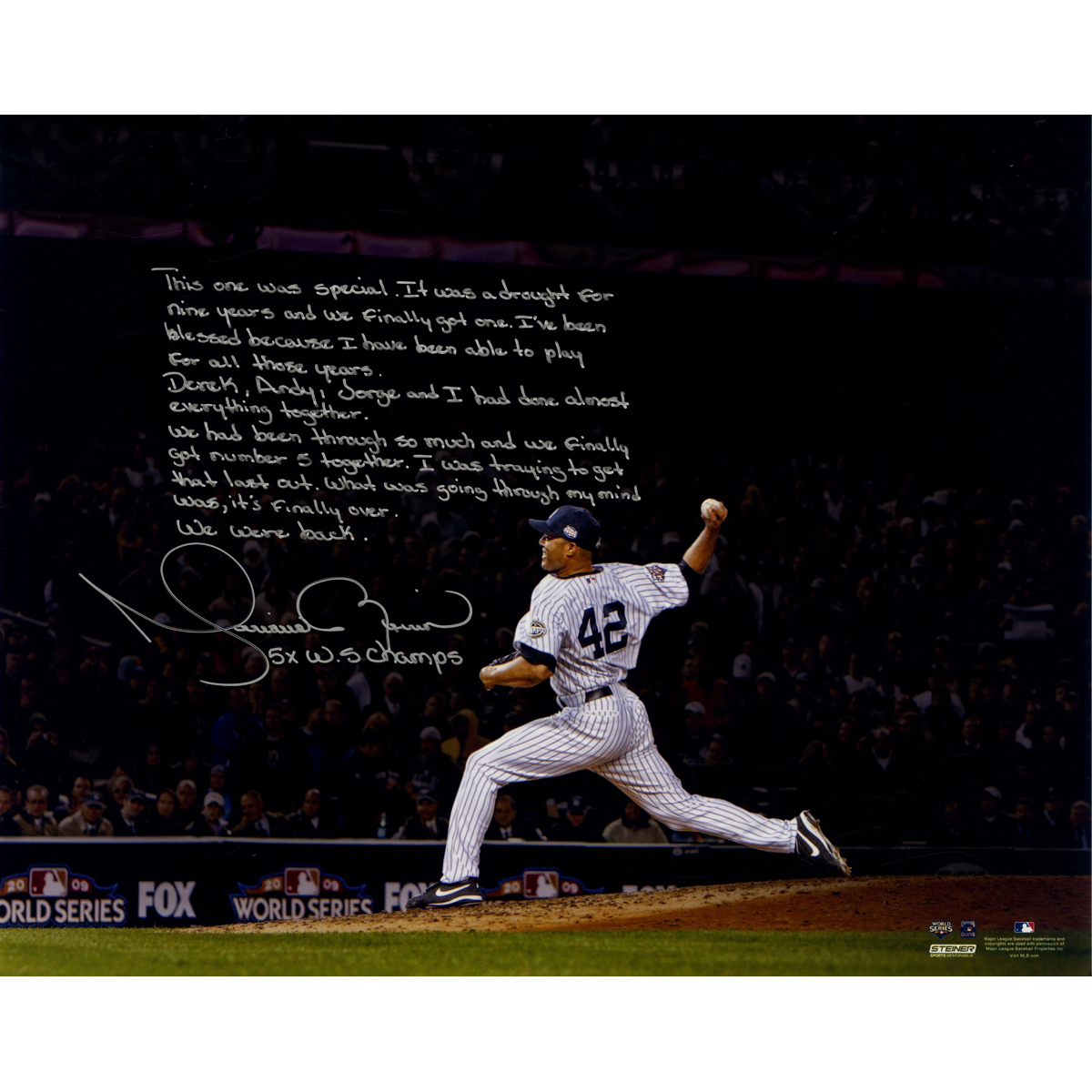 Mariano Rivera Signed Yankees "World Series Save" 16x20 Metallic Photo with Handwritten Story Inscription (Steiner COA) at PristineAuction.com Mariano Rivera Signed Yankees "World Series Save" 16x20 Metallic Photo with Handwritten Story Inscription (Steiner COA) at PristineAuction.com