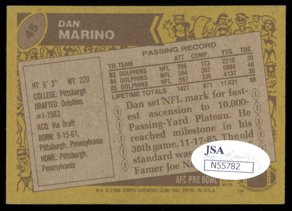 Dan Marino Signed 1986 Topps #45 (JSA COA) at PristineAuction.com Dan Marino Signed 1986 Topps #45 (JSA COA) at PristineAuction.com
