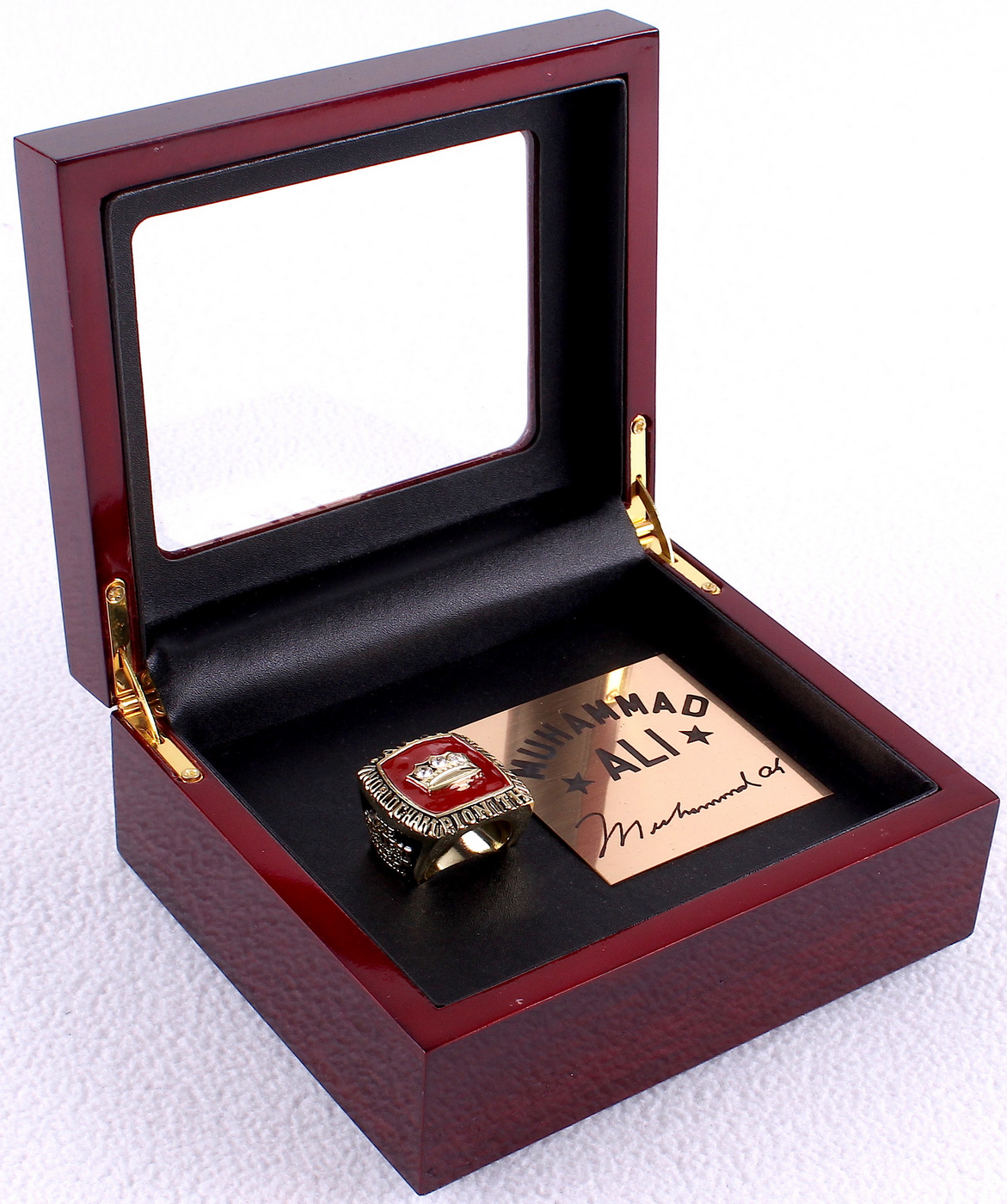 Muhammad Ali Replica Ring with High Quality Cherry Wood Custom Display Box at PristineAuction.com Muhammad Ali Replica Ring with High Quality Cherry Wood Custom Display Box at PristineAuction.com