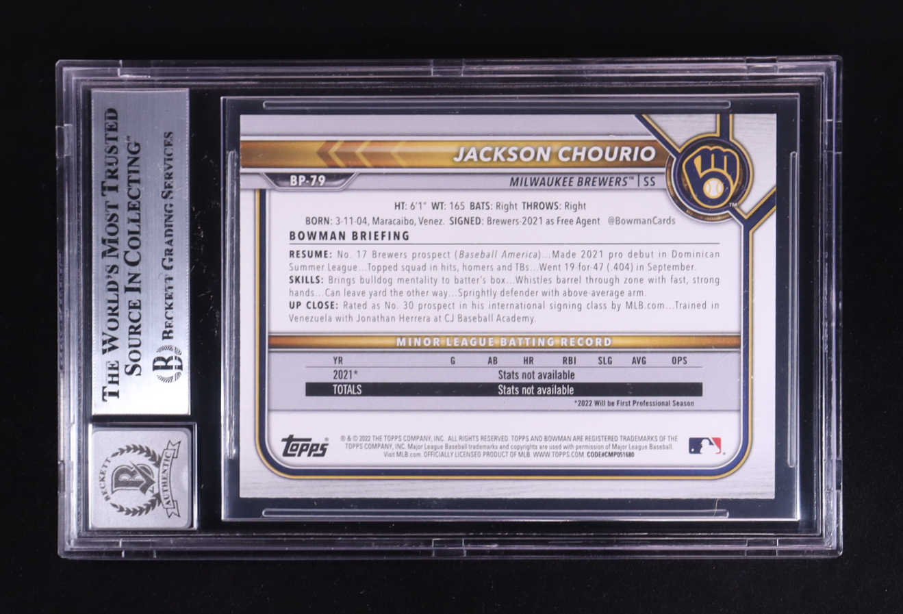 Jackson Chourio Signed 2022 Bowman Chrome Prospects #BCP79 RC (BGS ...