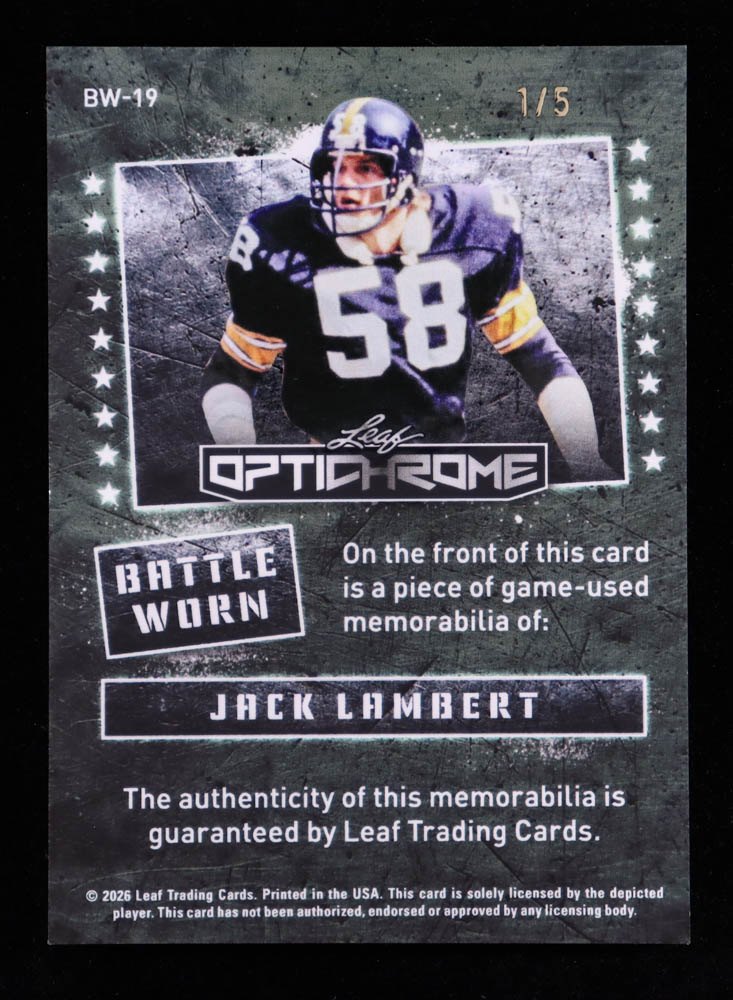 Jack Lambert 2026 Leaf Optichrome Battle Worn Jerseys Crystal Blue #BW ...