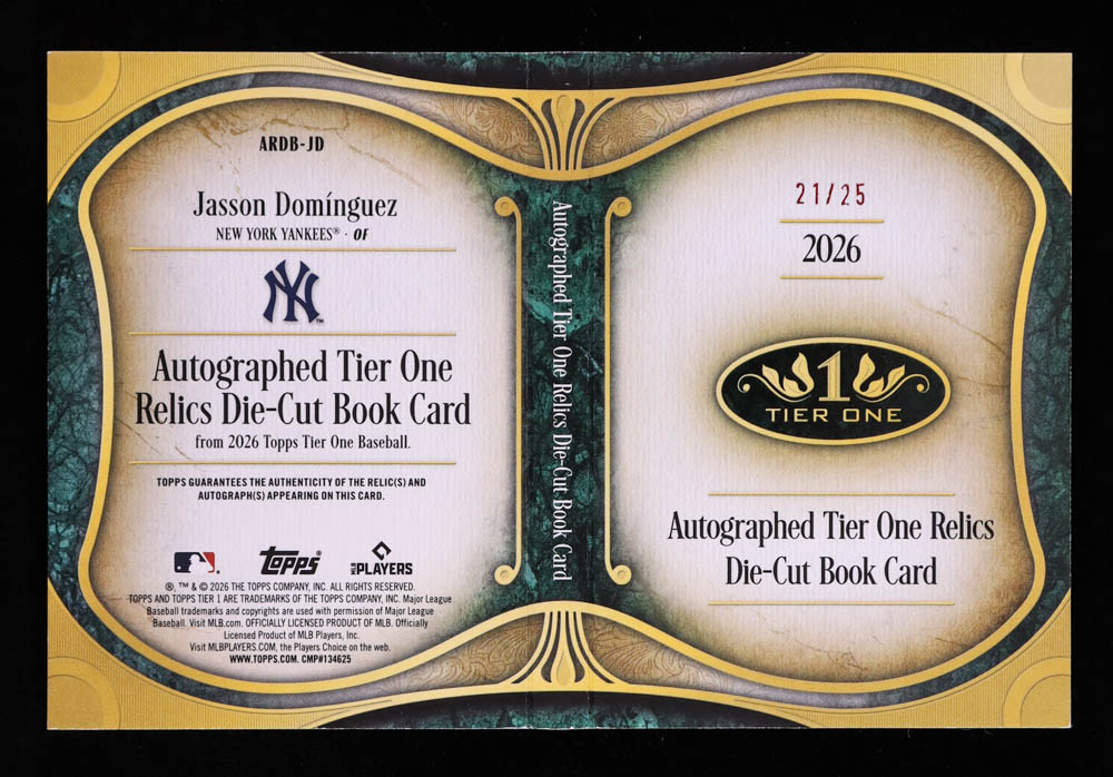 Red Book Numbers Jasson Dominguez 2026 Topps Tier One Autographed Tier One Relics Die ...