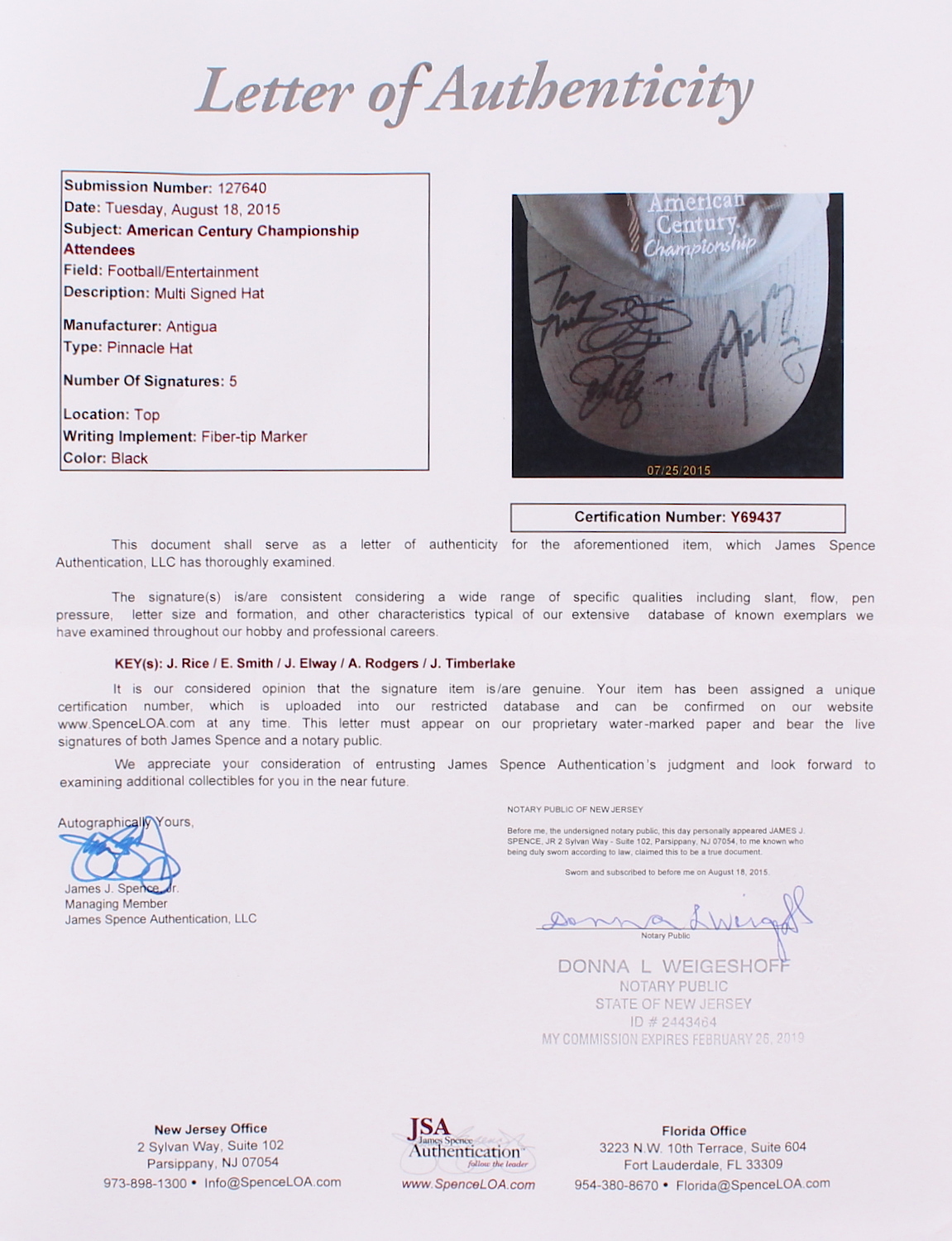 Multi-Signed American Century Championship Hat with (5) Signatures Including Jerry Rice, Emmitt Smith, John Elway, Aaron Rodgers & Justin Timberlake (JSA LOA) at PristineAuction.com Multi-Signed American Century Championship Hat with (5) Signatures Including Jerry Rice, Emmitt Smith, John Elway, Aaron Rodgers & Justin Timberlake (JSA LOA) at PristineAuction.com