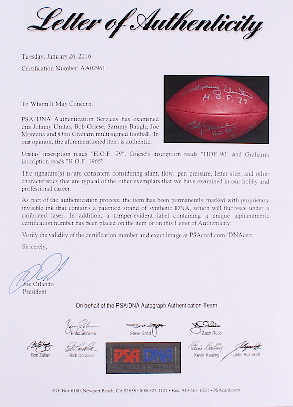 NFL Hall of Famers Signed Official NFL Game Ball with (5) Signatures including Johnny Unitas, Joe Montana, Sammy Baugh (PSA LOA) at PristineAuction.com NFL Hall of Famers Signed Official NFL Game Ball with (5) Signatures including Johnny Unitas, Joe Montana, Sammy Baugh (PSA LOA) at PristineAuction.com