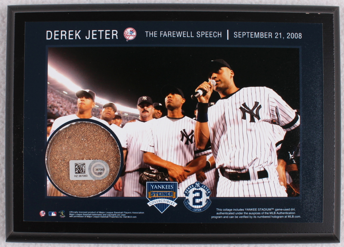 Derek Jeter Moments: 'The Farewell Speech' 8x10 Photo Plaque with Game-Used Yankee Stadium Dirt (Steiner COA & MLB Hologram) at PristineAuction.com Derek Jeter Moments: 'The Farewell Speech' 8x10 Photo Plaque with Game-Used Yankee Stadium Dirt (Steiner COA & MLB Hologram) at PristineAuction.com