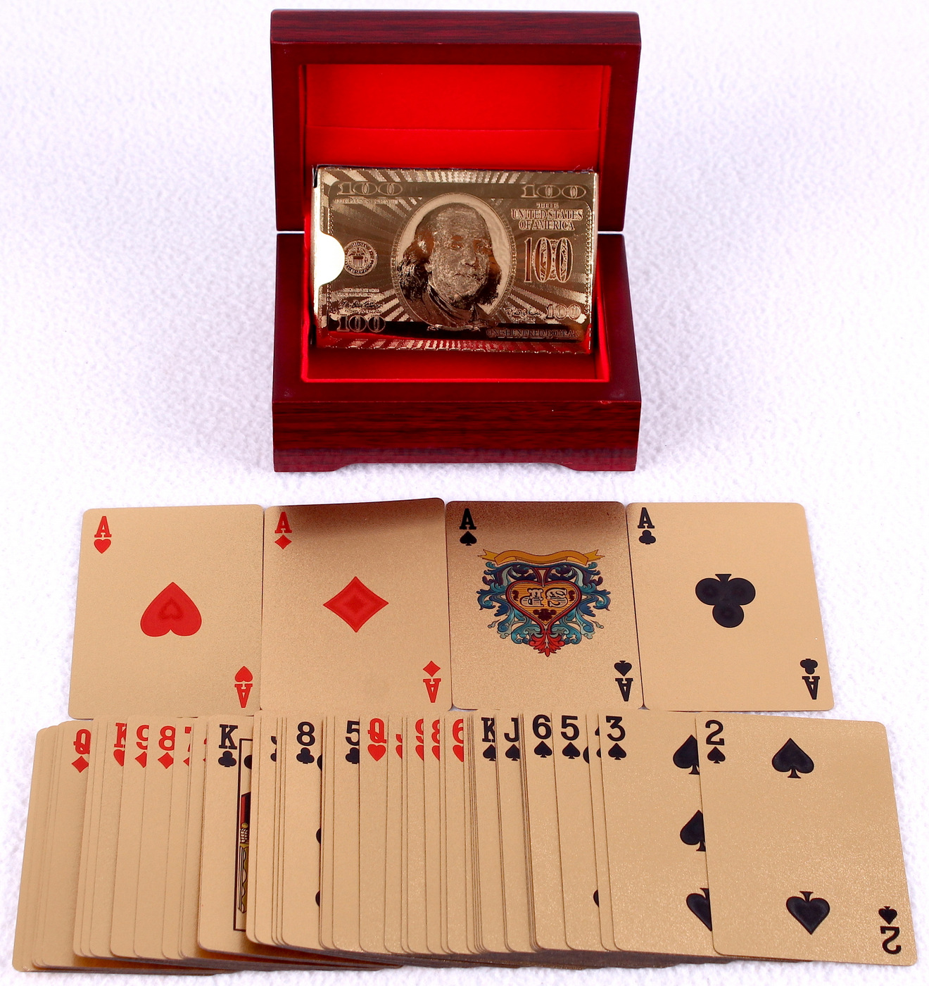 Complete Set of (52) Pure 24K 99.9% Gold Leafed Playing Cards with Wooden Display Box at PristineAuction.com Complete Set of (52) Pure 24K 99.9% Gold Leafed Playing Cards with Wooden Display Box at PristineAuction.com