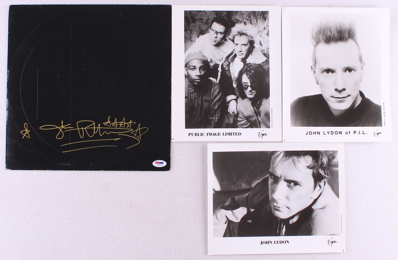 Johnny Rotten Signed "PIL" Album Cover with (3) Original Promo Photos (PSA COA) at PristineAuction.com Johnny Rotten Signed "PIL" Album Cover with (3) Original Promo Photos (PSA COA) at PristineAuction.com